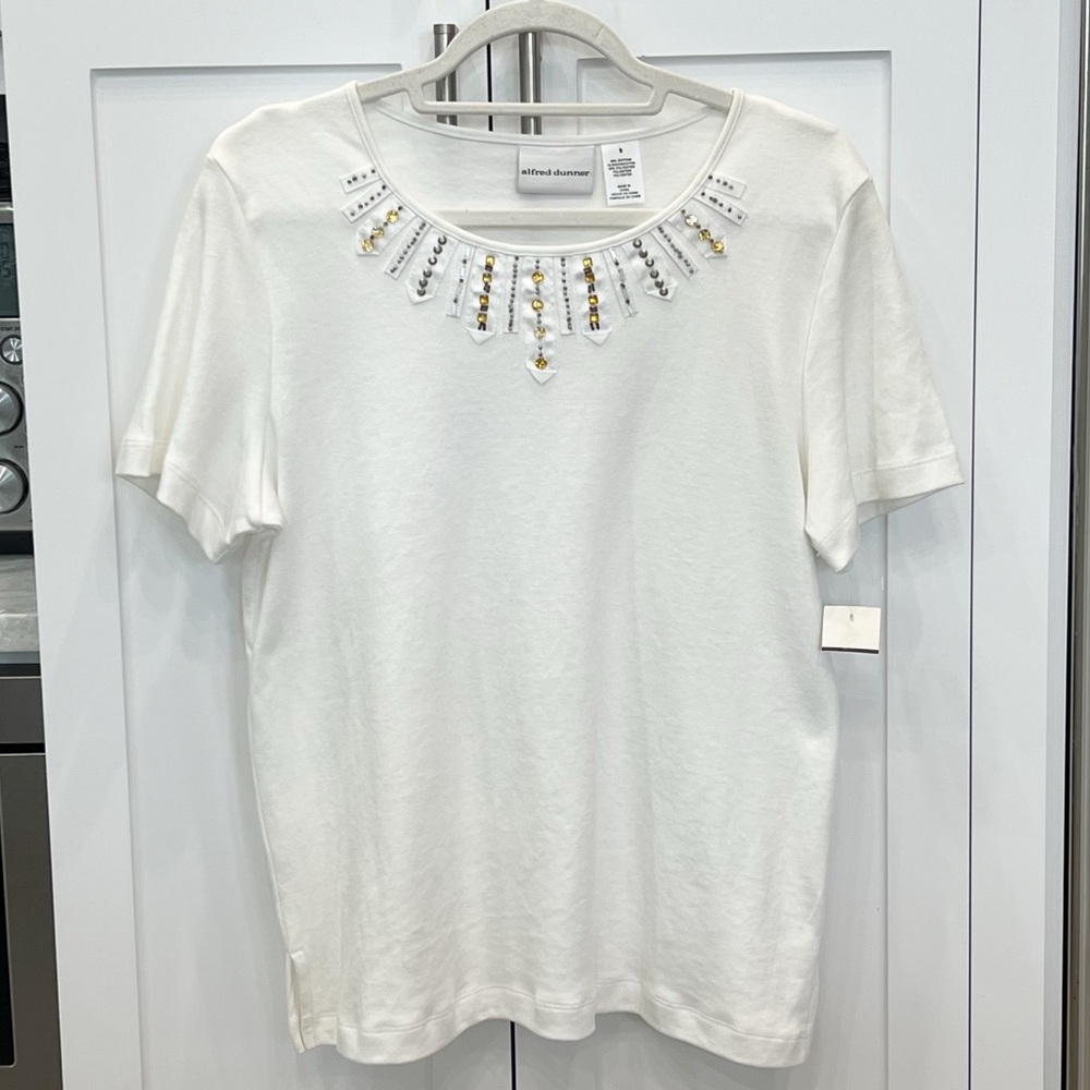 Alfred Dunner White Crystal Embellished Shirt Sleeve Shirt